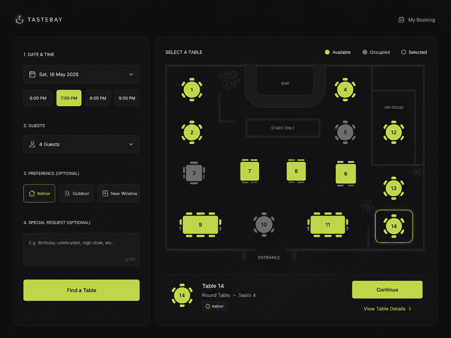 Table booking floor plan interface